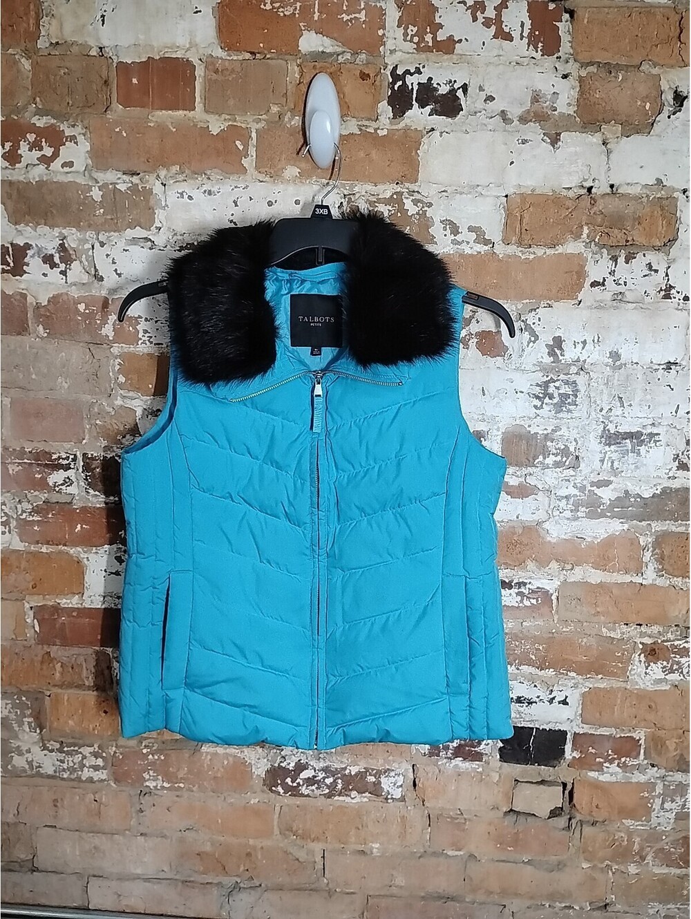 Talbots Down Puffer Vest Faux Fur Removable Collar Women's Petite Medium Blue